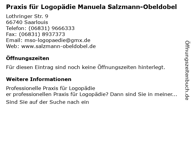 Praxis für Logopädie Manuela Salzmann-Obeldobel in Saarlouis: Adresse und Öffnungszeiten