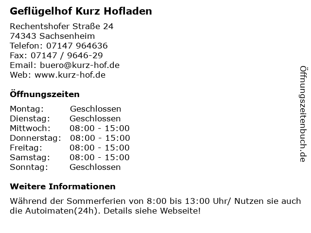 Geflügelhof Kurz Hofladen in Sachsenheim: Adresse und Öffnungszeiten