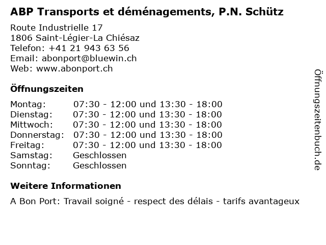 ABP Transports et déménagements, P.N. Schütz in Saint-Légier-La Chiésaz: Adresse und Öffnungszeiten