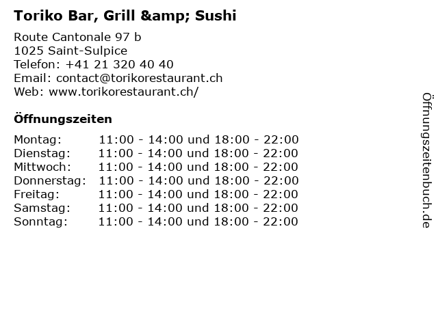 Toriko Bar, Grill & Sushi in Saint-Sulpice: Adresse und Öffnungszeiten