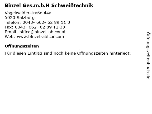 Binzel Ges.m.b.H Schweißtechnik in Salzburg: Adresse und Öffnungszeiten