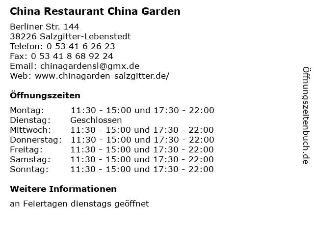 China Restaurant China Garden in Salzgitter-Lebenstedt: Adresse und Öffnungszeiten