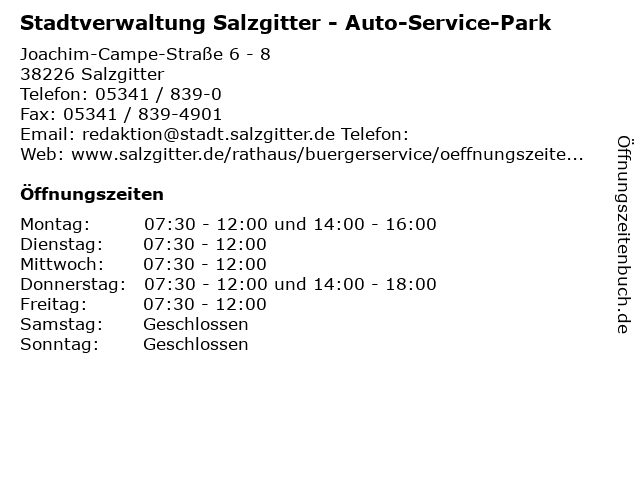Stadtverwaltung Salzgitter - Auto-Service-Park in Salzgitter: Adresse und Öffnungszeiten