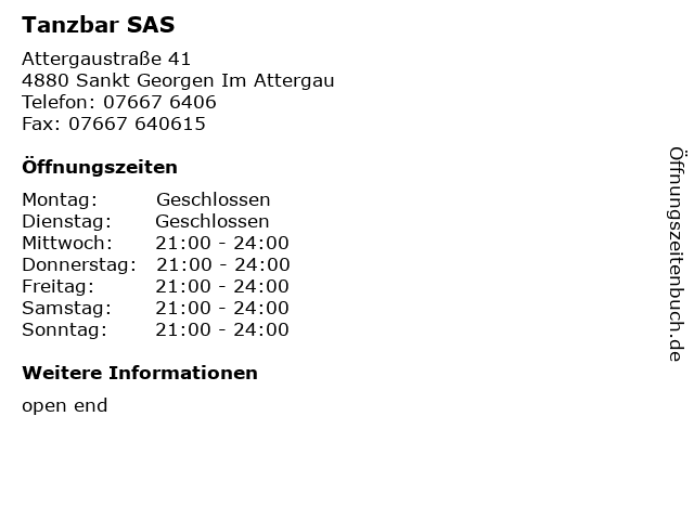 Tanzbar SAS in Sankt Georgen Im Attergau: Adresse und Öffnungszeiten