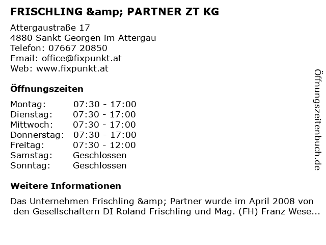 FRISCHLING & PARTNER ZT KG in Sankt Georgen im Attergau: Adresse und Öffnungszeiten