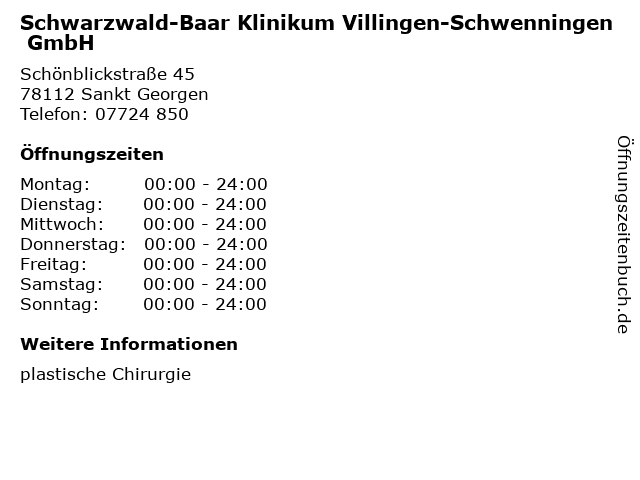 Schwarzwald-Baar Klinikum Villingen-Schwenningen GmbH in Sankt Georgen: Adresse und Öffnungszeiten