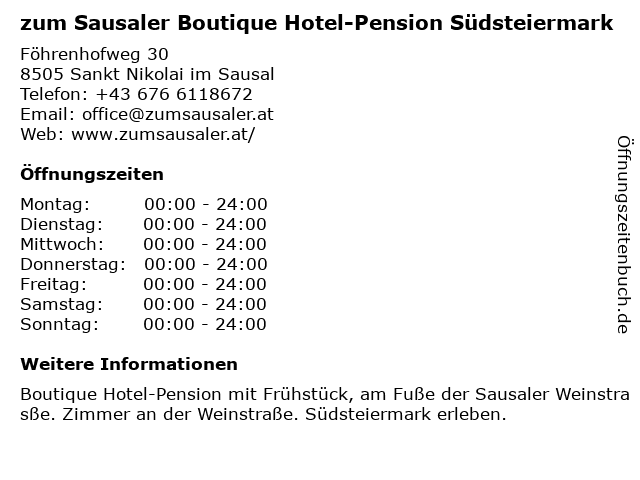 zum Sausaler Boutique Hotel-Pension Südsteiermark in Sankt Nikolai im Sausal: Adresse und Öffnungszeiten