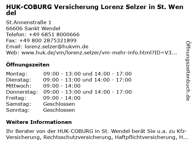 HUK-COBURG Versicherung Lorenz Selzer in St. Wendel in Sankt Wendel: Adresse und Öffnungszeiten