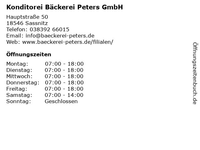 Konditorei Bäckerei Peters GmbH in Sassnitz: Adresse und Öffnungszeiten