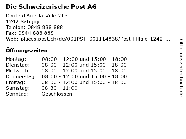 Die Schweizerische Post AG in Satigny: Adresse und Öffnungszeiten