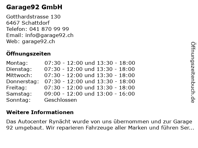 Garage92 GmbH in Schattdorf: Adresse und Öffnungszeiten