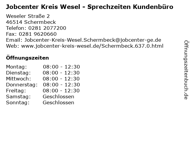 Jobcenter Kreis Wesel - Sprechzeiten Kundenbüro in Schermbeck: Adresse und Öffnungszeiten