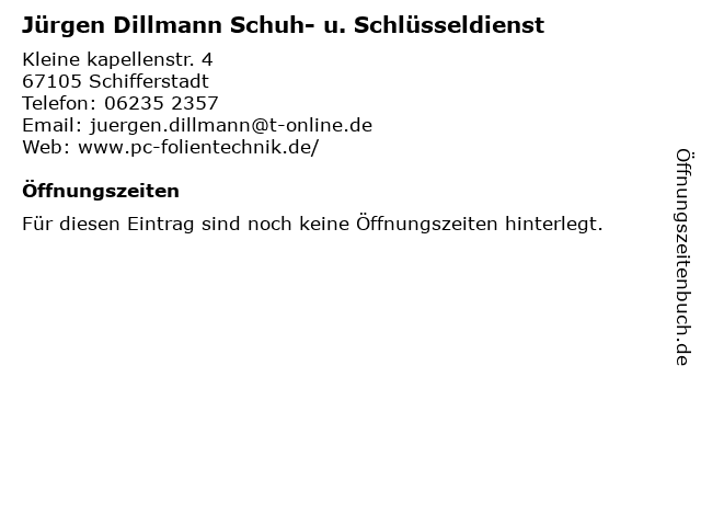 Jürgen Dillmann Schuh- u. Schlüsseldienst in Schifferstadt: Adresse und Öffnungszeiten