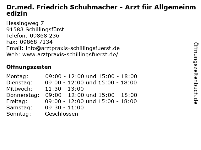Dr.med. Friedrich Schuhmacher - Arzt für Allgemeinmedizin in Schillingsfürst: Adresse und Öffnungszeiten