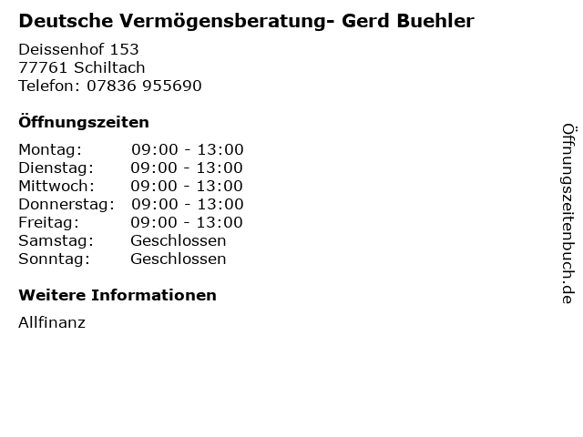 Deutsche Vermögensberatung- Gerd Buehler in Schiltach: Adresse und Öffnungszeiten