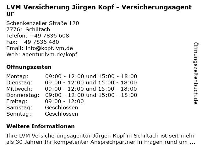 LVM Versicherung Jürgen Kopf - Versicherungsagentur in Schiltach: Adresse und Öffnungszeiten