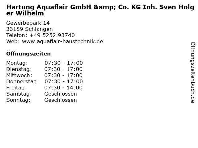 Hartung Aquaflair GmbH & Co. KG Inh. Sven Holger Wilhelm in Schlangen: Adresse und Öffnungszeiten