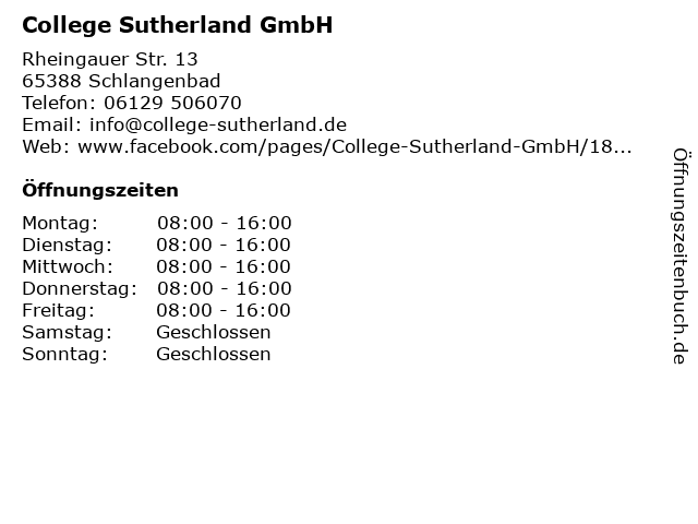 College Sutherland GmbH in Schlangenbad: Adresse und Öffnungszeiten