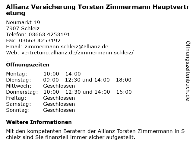 ᐅ Offnungszeiten Allianz Versicherung Hauptvertretung Torsten Zimmermann Neumarkt 19 In Schleiz