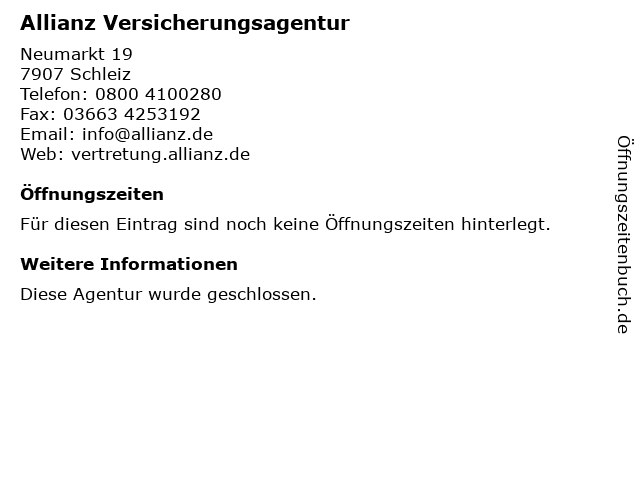 ᐅ Offnungszeiten Allianz Versicherung Hauptvertretung Torsten Zimmermann Neumarkt 19 In Schleiz