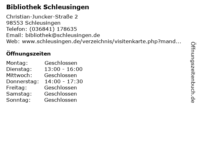 Bibliothek Schleusingen in Schleusingen: Adresse und Öffnungszeiten