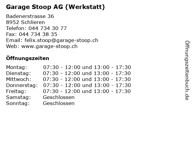 Garage Stoop AG (Werkstatt) in Schlieren: Adresse und Öffnungszeiten