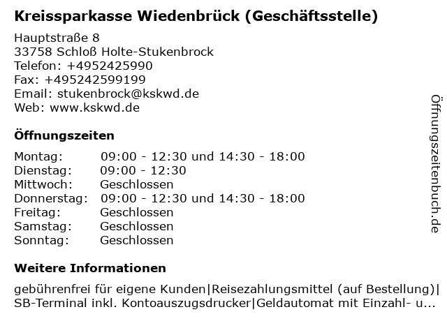 ᐅ Offnungszeiten Kreissparkasse Wiedenbruck Geschaftsstelle Stukenbrock Hauptstr 8 In Schloss Holte Stukenbrock