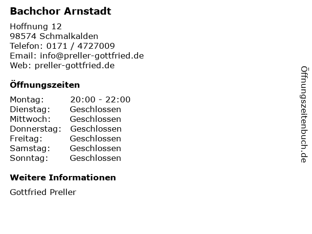 Bachchor Arnstadt in Schmalkalden: Adresse und Öffnungszeiten