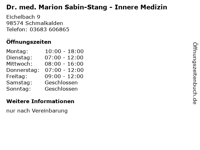 Dr. med. Marion Sabin-Stang - Innere Medizin in Schmalkalden: Adresse und Öffnungszeiten
