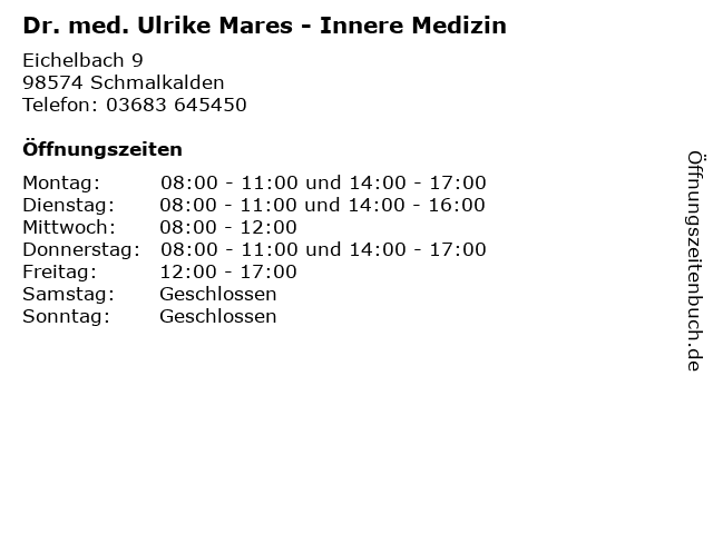 Dr. med. Ulrike Mares - Innere Medizin in Schmalkalden: Adresse und Öffnungszeiten