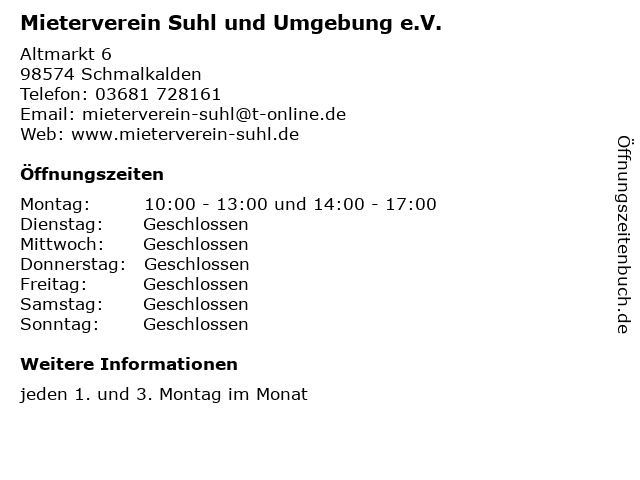 Mieterverein Suhl und Umgebung e.V. in Schmalkalden: Adresse und Öffnungszeiten