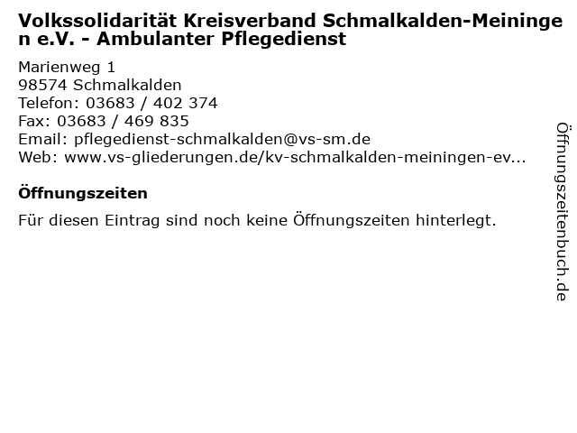 Volkssolidarität Kreisverband Schmalkalden-Meiningen e.V. - Ambulanter Pflegedienst in Schmalkalden: Adresse und Öffnungszeiten