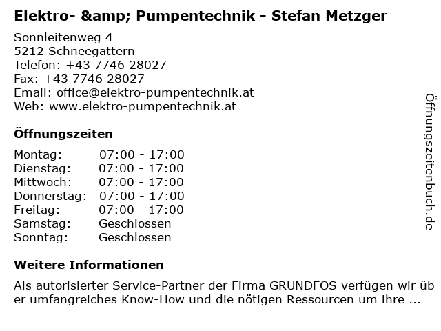 Elektro- & Pumpentechnik - Stefan Metzger in Schneegattern: Adresse und Öffnungszeiten