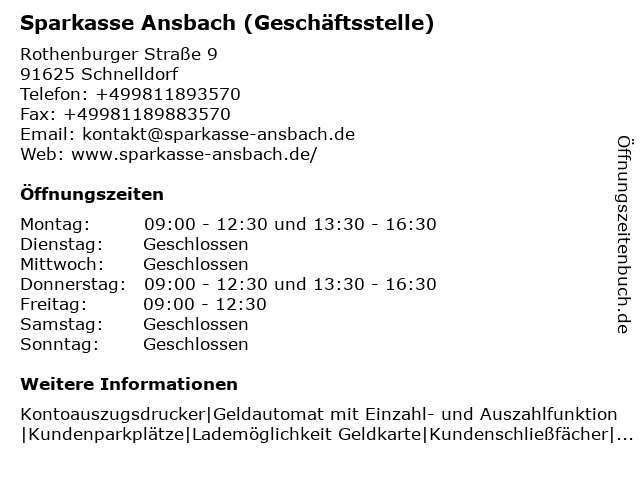 ᐅ Offnungszeiten Sparkasse Ansbach Geschaftsstelle Schnelldorf