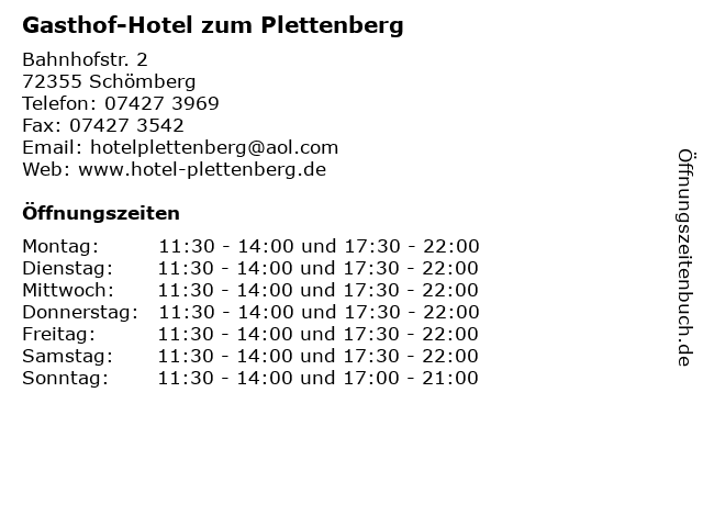 Gasthof-Hotel zum Plettenberg in Schömberg: Adresse und Öffnungszeiten