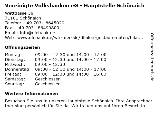 ᐅ Offnungszeiten Vereinigte Volksbank Eg Hauptstelle Schonaich