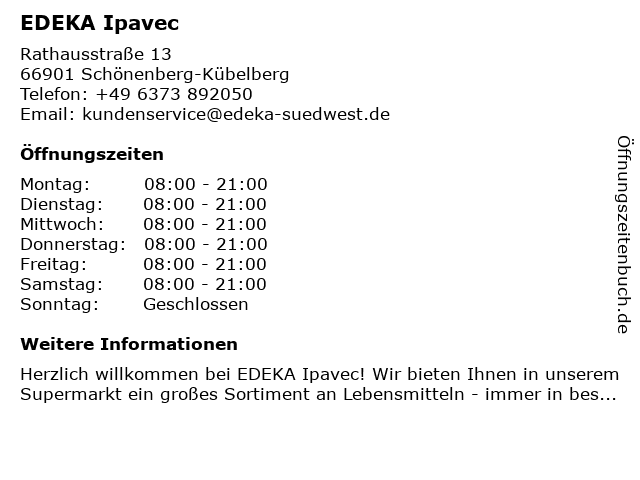 EDEKA Ipavec in Schönenberg-Kübelberg: Adresse und Öffnungszeiten