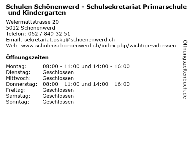 Schulen Schönenwerd - Schulsekretariat Primarschule und Kindergarten in Schönenwerd: Adresse und Öffnungszeiten