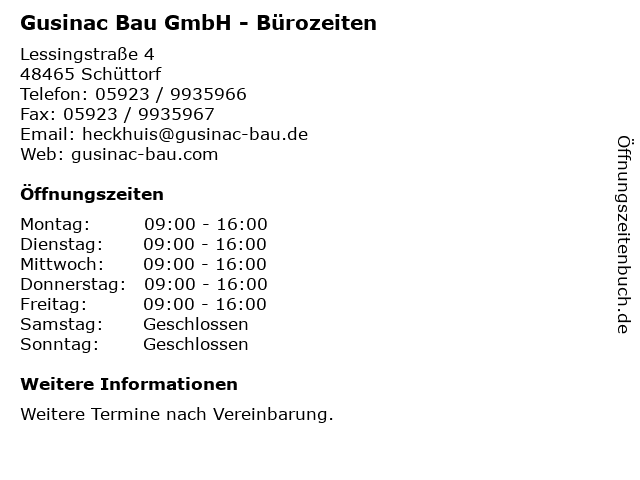 Gusinac Bau GmbH - Bürozeiten in Schüttorf: Adresse und Öffnungszeiten