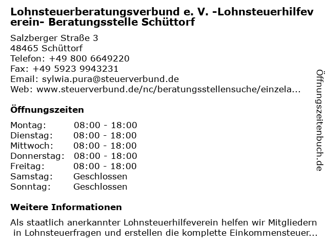 Lohnsteuerberatungsverbund e. V. -Lohnsteuerhilfeverein- Beratungsstelle Schüttorf in Schüttorf: Adresse und Öffnungszeiten