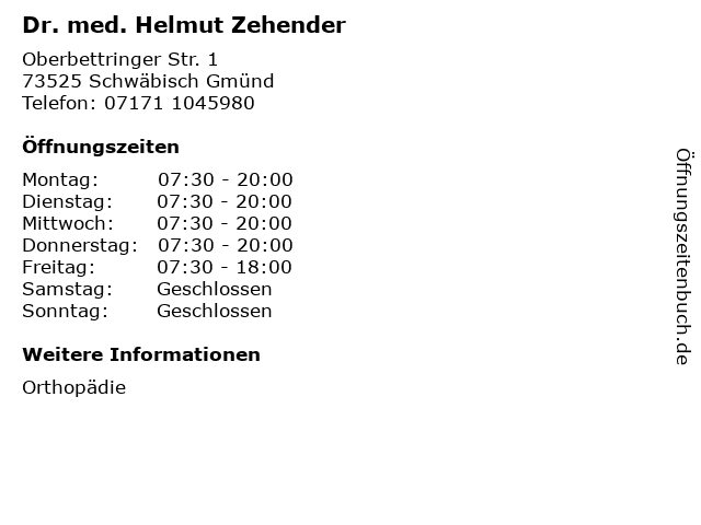 Dr. med. Helmut Zehender in Schwäbisch Gmünd: Adresse und Öffnungszeiten