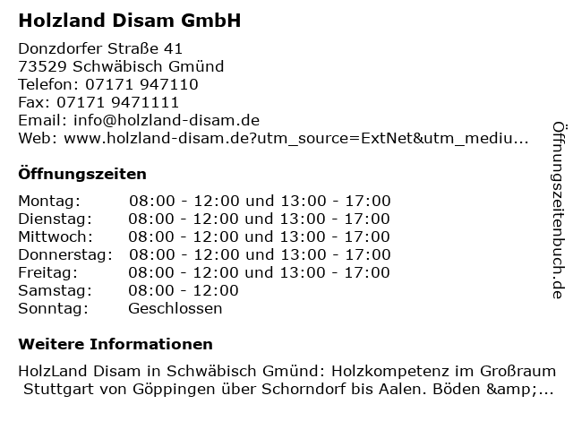 Holzland Disam GmbH in Schwäbisch Gmünd: Adresse und Öffnungszeiten