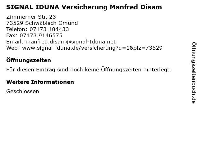 SIGNAL IDUNA Versicherung Manfred Disam in Schwäbisch Gmünd: Adresse und Öffnungszeiten
