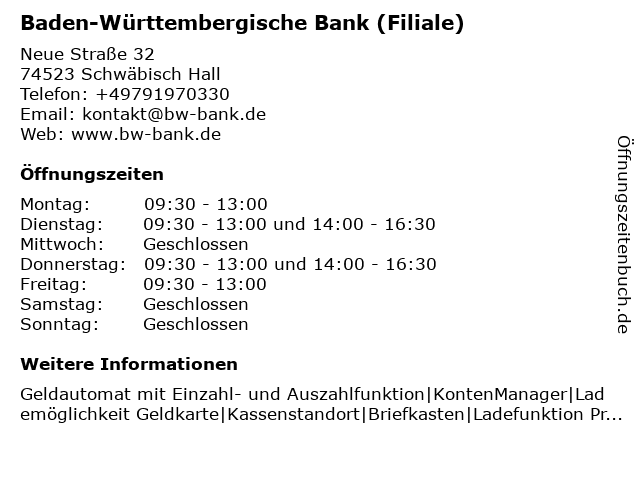 ᐅ Offnungszeiten Baden Wurttembergische Bank Neue Str 32 In