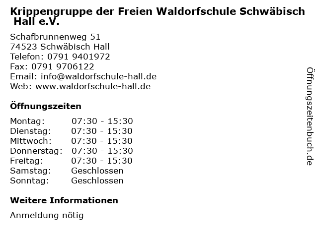 Krippengruppe der Freien Waldorfschule Schwäbisch Hall e.V. in Schwäbisch Hall: Adresse und Öffnungszeiten