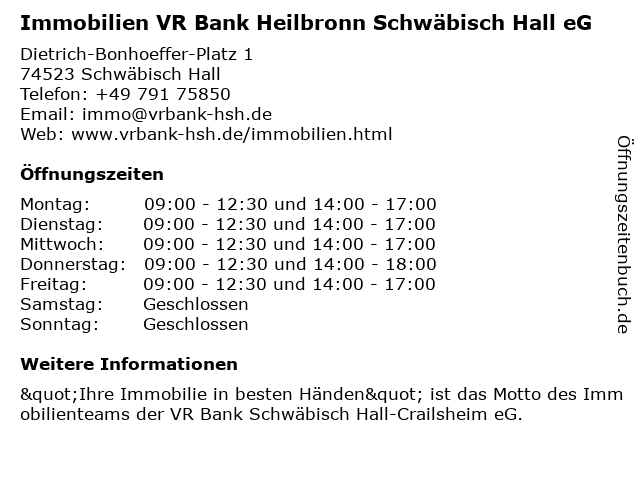 ᐅ Offnungszeiten Vr Bank Schwabisch Hall Crailsheim Eg