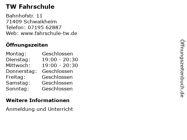 TW Fahrschule in Schwaikheim: Adresse und Öffnungszeiten