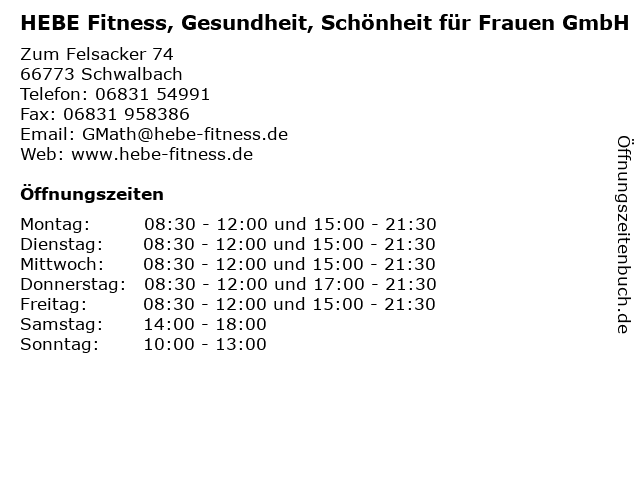 HEBE Fitness, Gesundheit, Schönheit für Frauen GmbH in Schwalbach: Adresse und Öffnungszeiten
