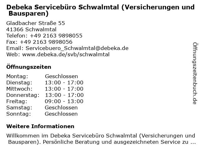 ᐅ Offnungszeiten Debeka Serviceburo Schwalmtal Gladbacher Strasse 55 In Schwalmtal