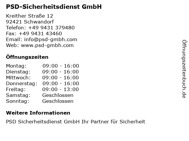 ᐅ Offnungszeiten Psd Sicherheitsdienst Gmbh Kreither Strasse 12 In Schwandorf